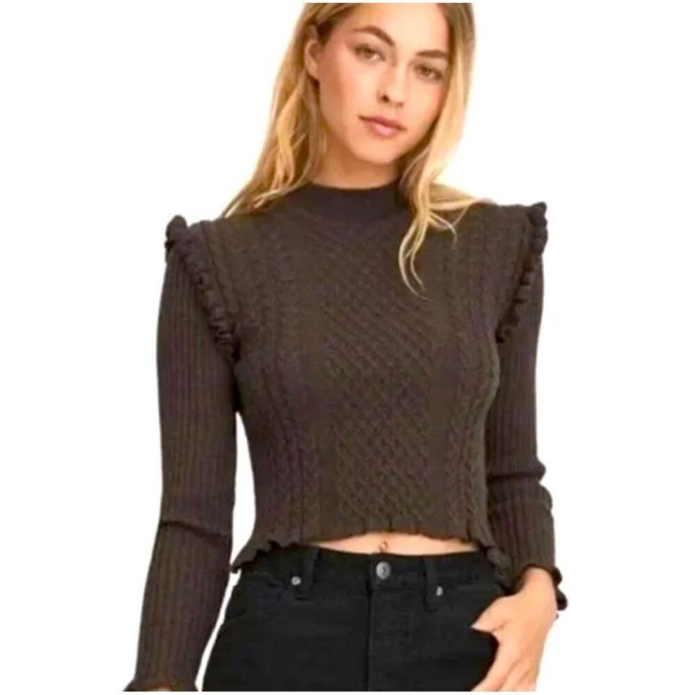 Something Navy Brown Crewneck Knit Ruffle Sweater